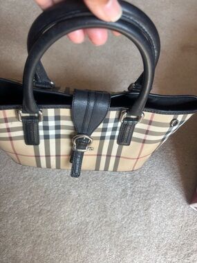 Burberry Beige Plaid Satchel with Black Leather Trim